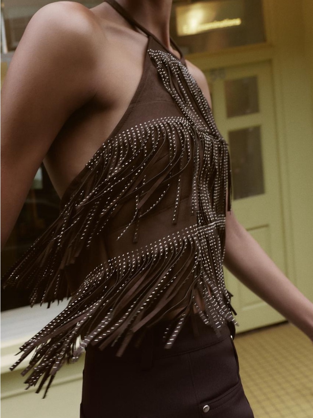 Zara Brown One-Shoulder Fringe Halter Top with Studs